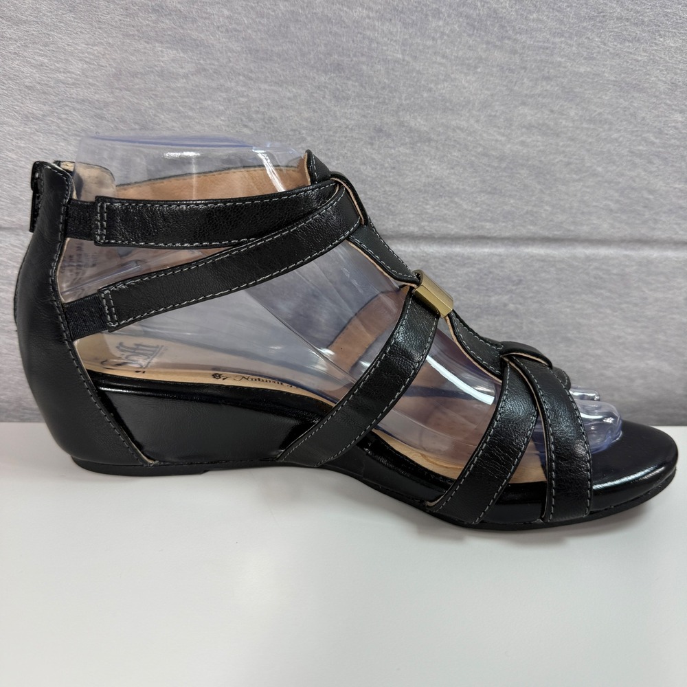 Sofft Womens Strappy Wedge Sandals Black Leather Comfort Gold Accent Size 7W - Picture 2 of 11